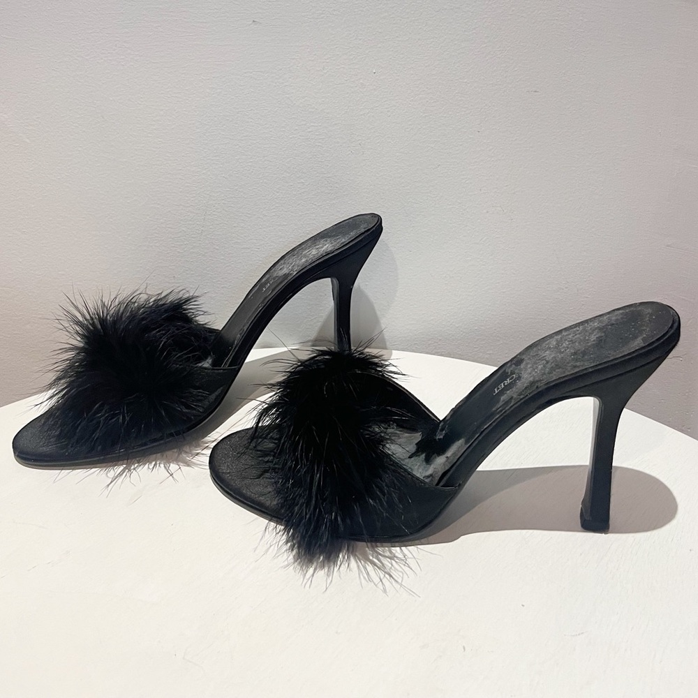 Vintage 90s Victoria Secret Black Boa Satin Heels/Pumps